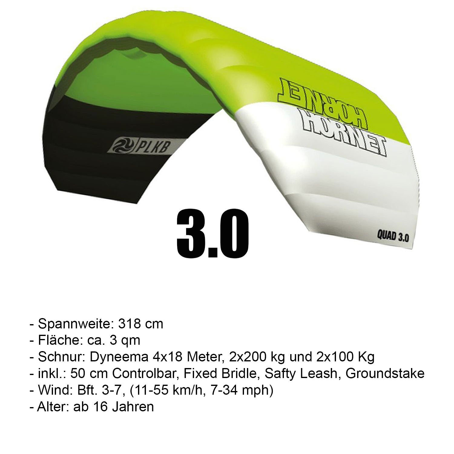 PLKB Hornet Lenkmatte 4 Leiner | 4 Leinen Lenkdrachen mit Controlbar und Kite Killer Powerkite flugfertig | verschiedene Größen