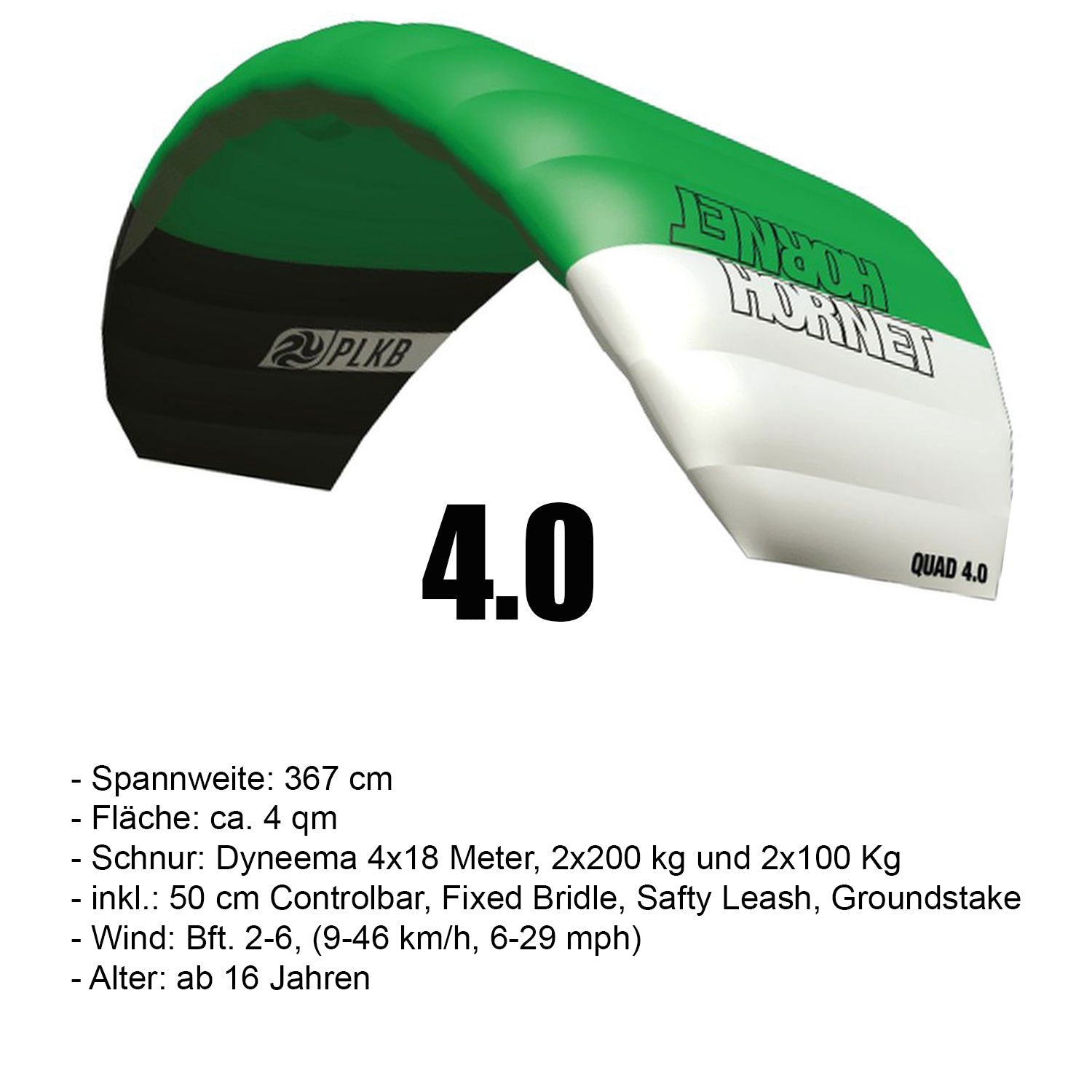 PLKB Hornet Lenkmatte 4 Leiner | 4 Leinen Lenkdrachen mit Controlbar und Kite Killer Powerkite flugfertig | verschiedene Größen