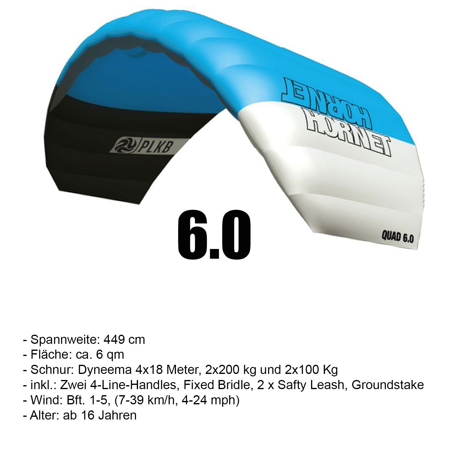 PLKB Hornet Lenkmatte 4 Leiner | 4 Leinen Lenkdrachen mit Handles und Kite Killer Powerkite flugfertig | verschiedene Größen