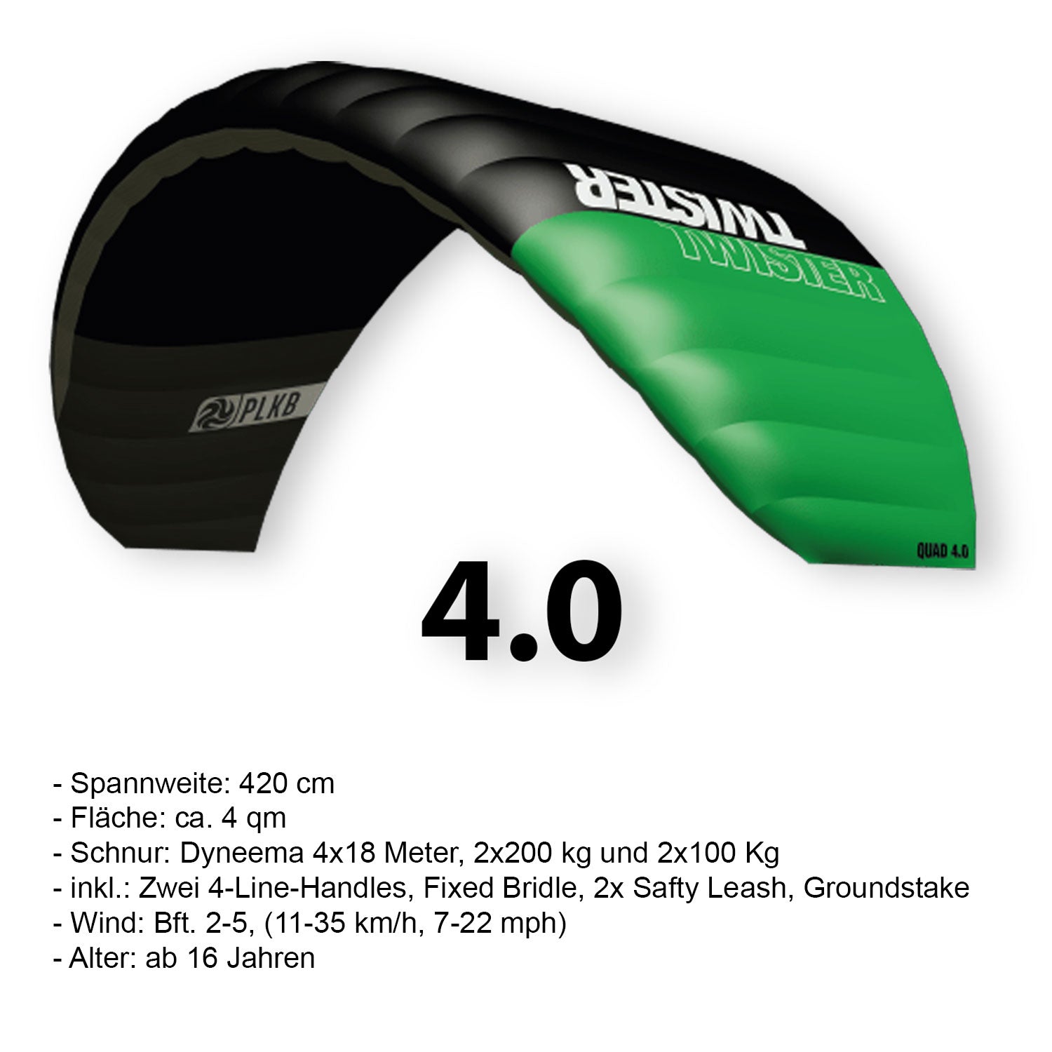 PLKB Twister Lenkmatte 4 Leiner | 4 Leinen Lenkdrachen mit Handles und Kite Killer Powerkite flugfertig | verschiedene Größen