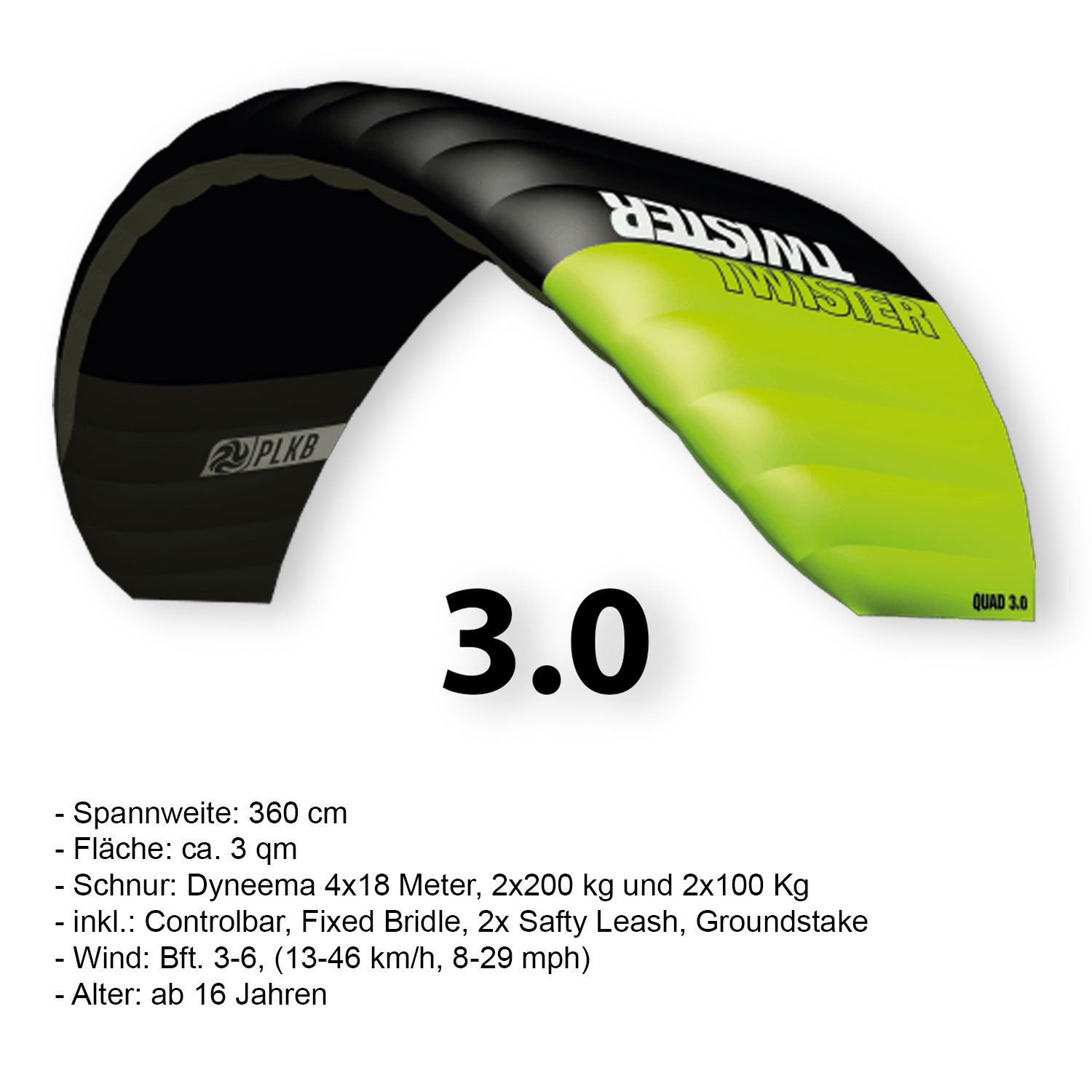 PLKB Twister Lenkmatte 4 Leiner | 4 Leinen Lenkdrachen mit Controlbar und Kite Killer Powerkite flugfertig | verschiedene Größen