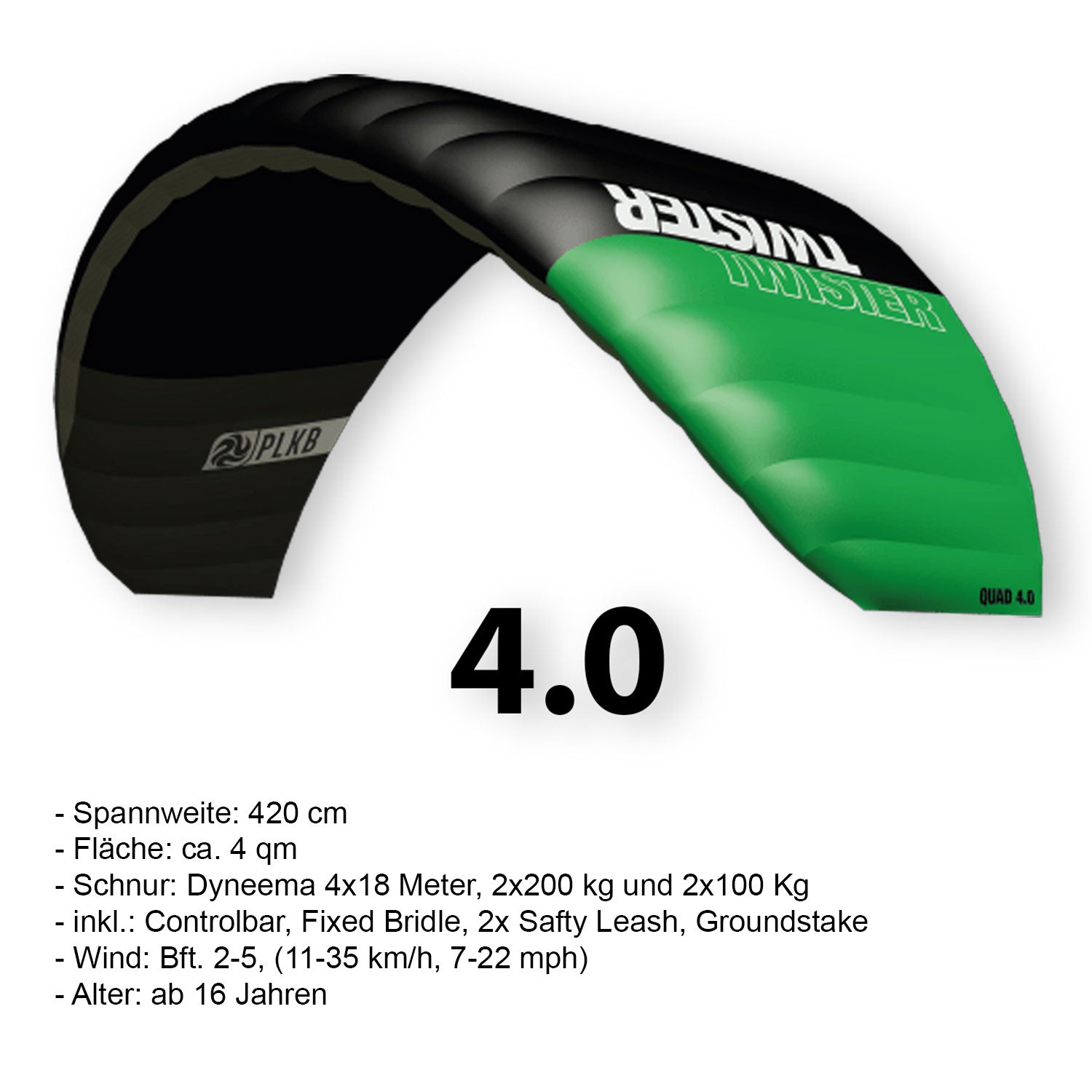 PLKB Twister Lenkmatte 4 Leiner | 4 Leinen Lenkdrachen mit Controlbar und Kite Killer Powerkite flugfertig | verschiedene Größen