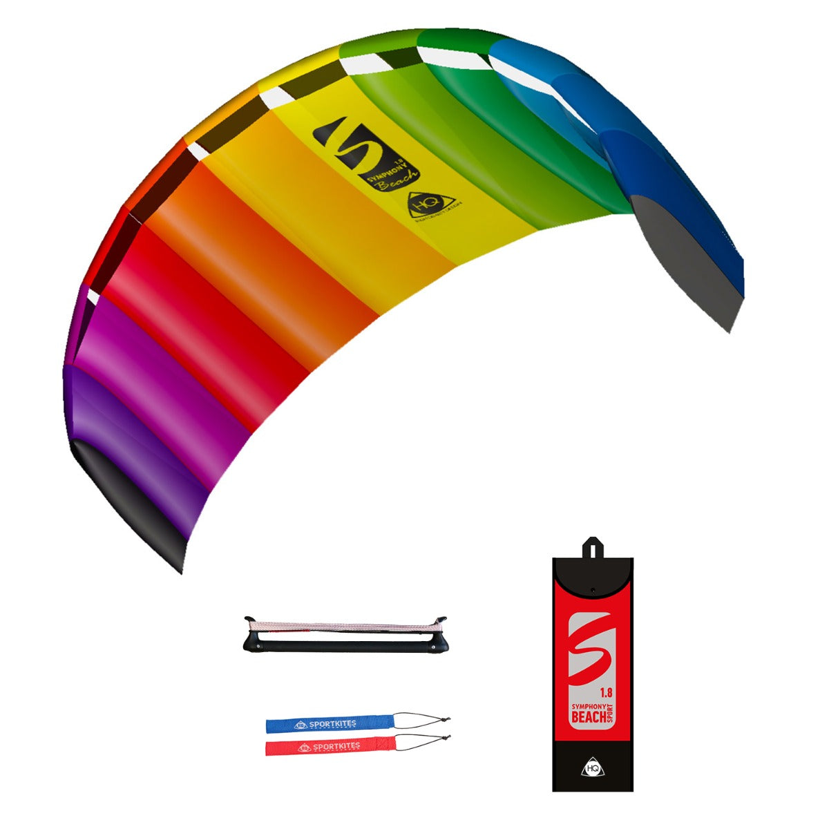 HQ Lenkmatte HQ Symphony Beach III 1.8 Sport PLUS Rainbow Controlbar und Lenkschlaufen Allround Lenkdrachen Kite